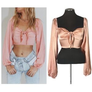 Princess Polly – Estee Peach Satin Tie Long Sleeve Smocked Crop Top – Size 4